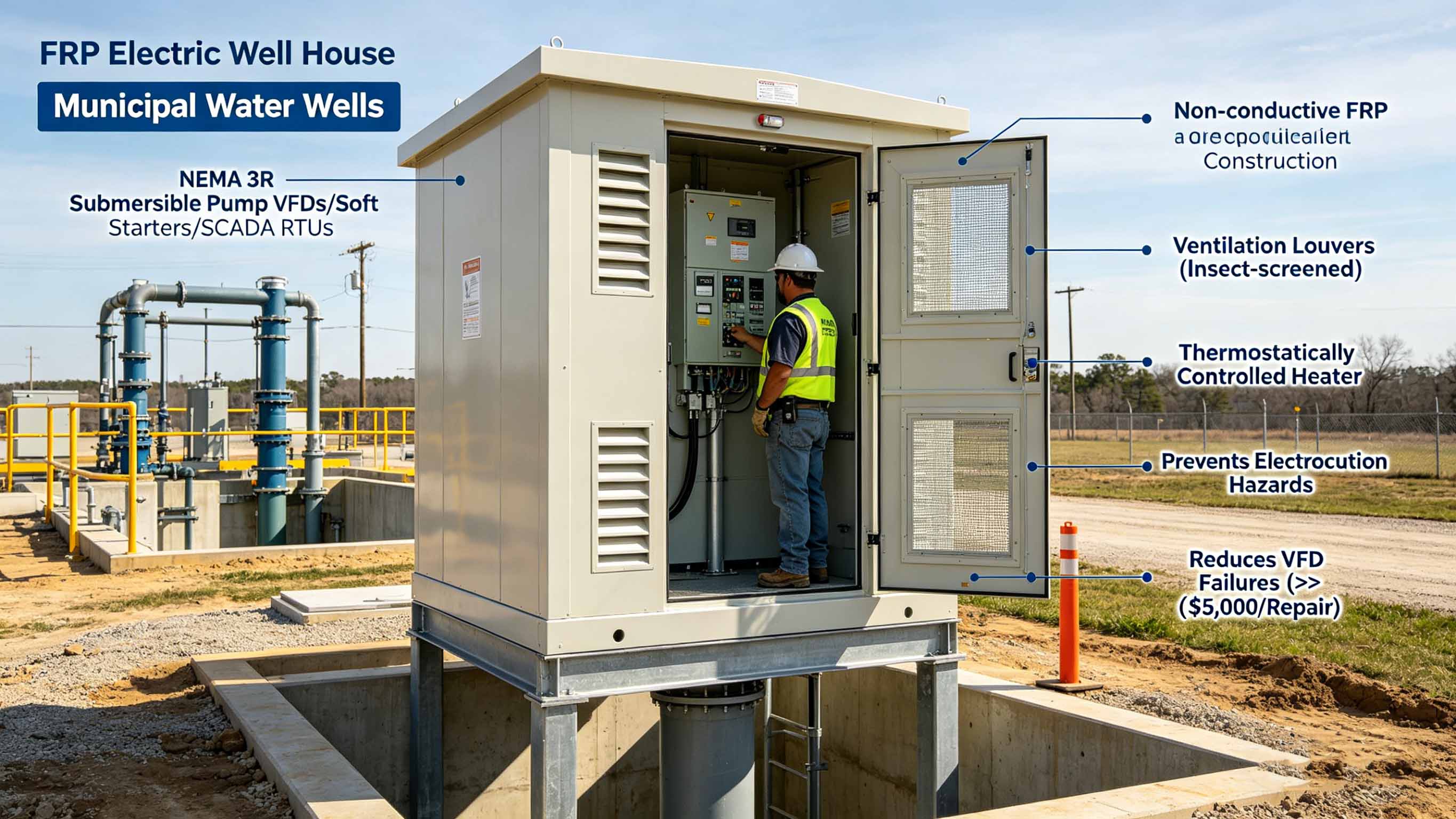 Fiberglass GFRP FRP Electric Well House for Oil & Gas Well Electrical Equipment Protection FT-EWH1